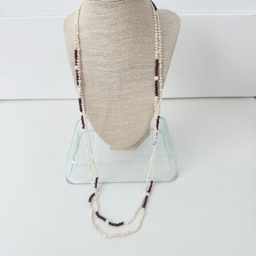 Genuine Pearls & Garnet Necklace White Red 64